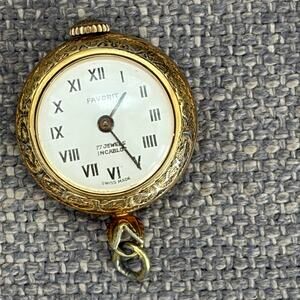 Vintage Favorit Swiss Incabloc 17 Jewels Gold Watch Clock Pendant Blue Floral